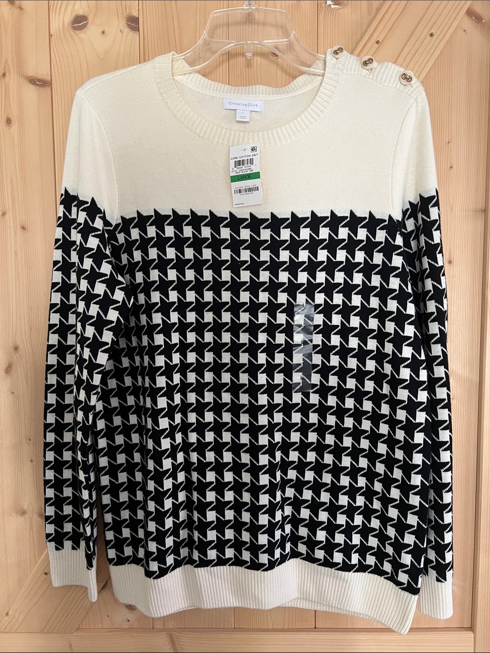 Charter Club Cream and Black Houndstooth Crewneck Sweater with Shoulder Butto